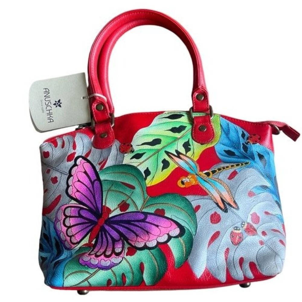 Anuschka Hand-Painted Leather Zip Double Handle Convertible Satchel Purse NEW